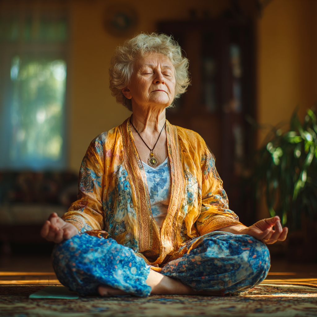 Femeie de 55 de ani practicând yoga în poziția lotusului într-un studio liniștit, cu lumină naturală și plante verzi în fundal