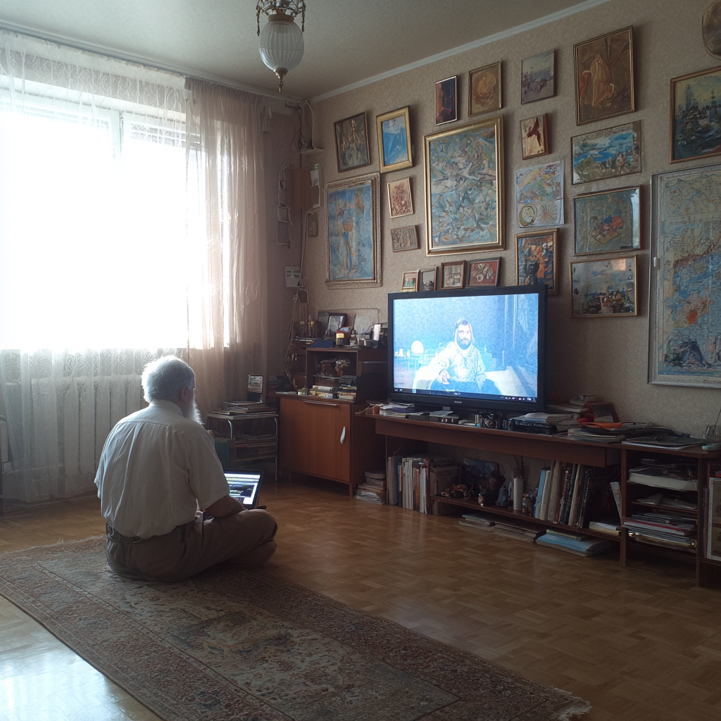 Bărbat de 60 ani practicând yoga acasă în fața unui laptop, urmărind o lecție online într-un living confortabil cu lumină naturală