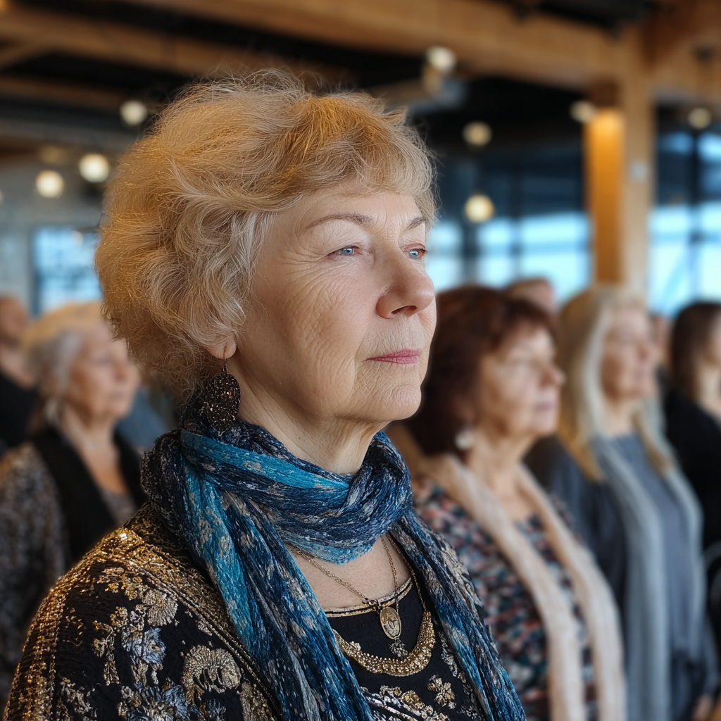 Grup de persoane mature de 50-60 ani practicând diferite poziții de yoga într-un studio luminos cu pardoseală din lemn și ferestre mari